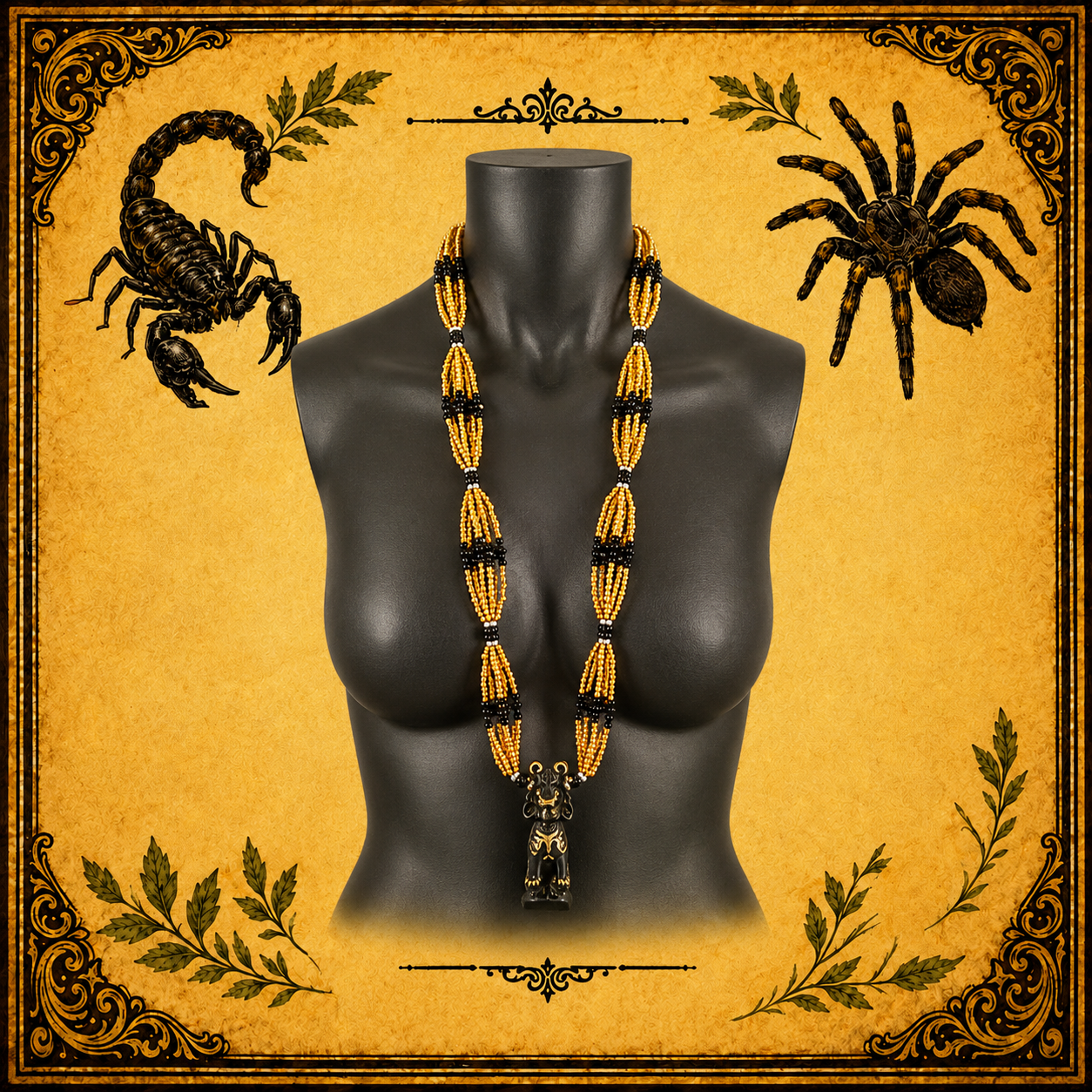 Collar Ritual Dorado y Negro con Figura de la Santa Muerte