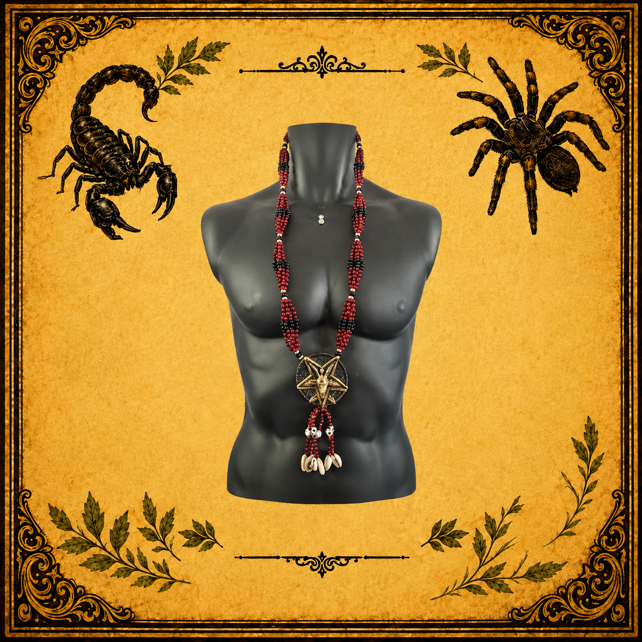 Collar Ritual Santa Muerte Rojo y Negro con Pentagrama y Caracoles