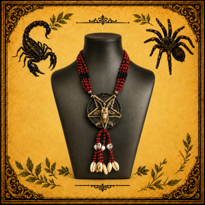 Collar Ritual Santa Muerte Rojo y Negro con Pentagrama y Caracoles