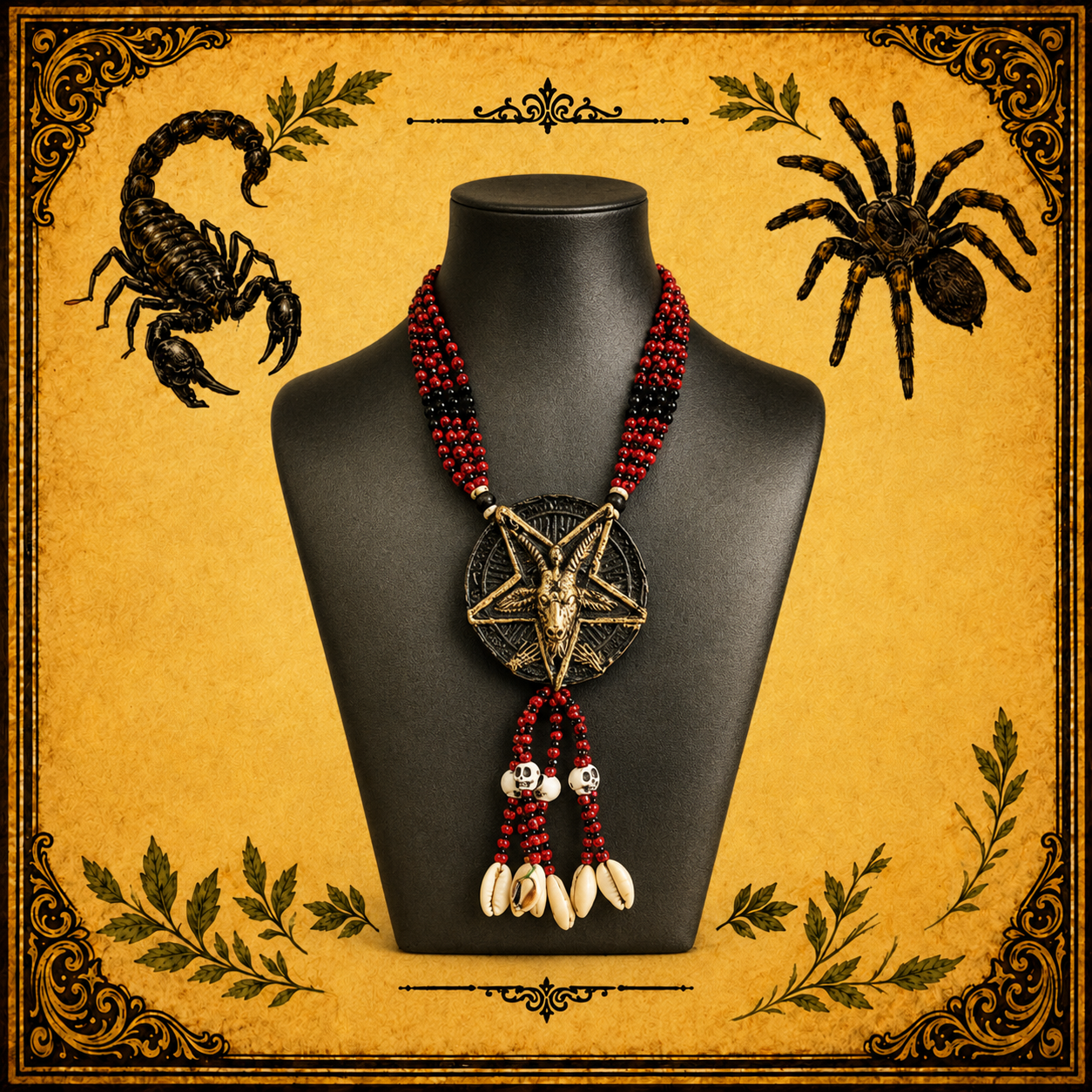 Collar Ritual Santa Muerte Rojo y Negro con Pentagrama y Caracoles