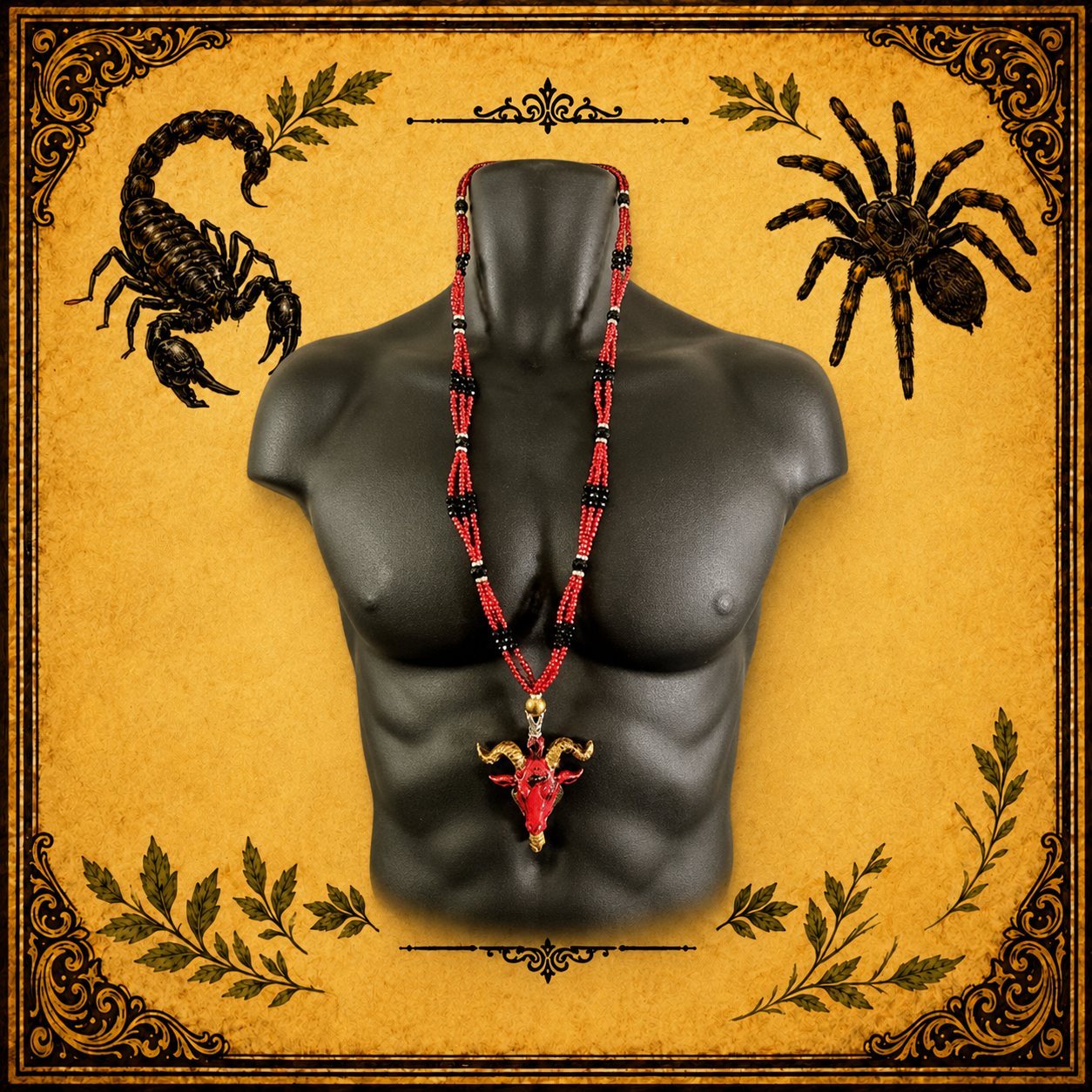 Collar Ritual Largo Rojo y Negro con Cabeza Dorada de Macho Cabrío