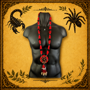 Collar Ritual Santa Muerte Rojo y Negro Largo con Pentagrama y Caracoles