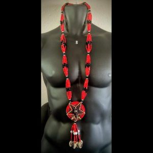 Collar ritual largo Santa Muerte rojo y negro con pentagrama - collar Elekes Orisha Yoruba mayoreo Houston Texas