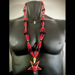 Collar Ritual Largo Rojo y Negro con Cabeza de Macho Cabrío - collar Elekes Orisha Yoruba mayoreo Houston Texas