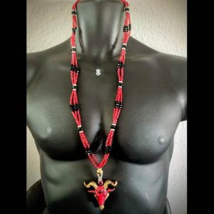 Collar Ritual Largo Rojo y Negro con Cabeza Dorada de Macho - collar Elekes Orisha Yoruba mayoreo Houston Texas